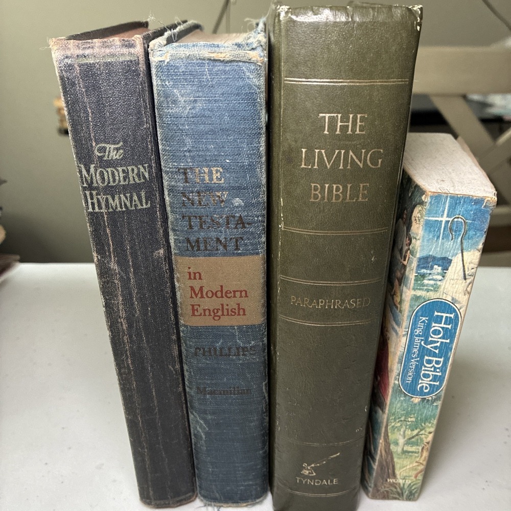 Lot of 3 Vintage Holy Bible & 1 Modern Hymnal - decor - staging - antique